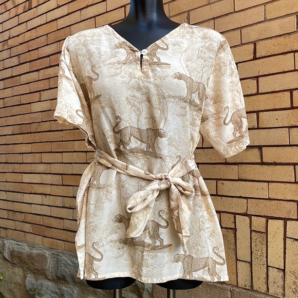 Vintage Doncaster 100% silk leopard cat animal print blouse with sash Medium - Picture 1 of 9